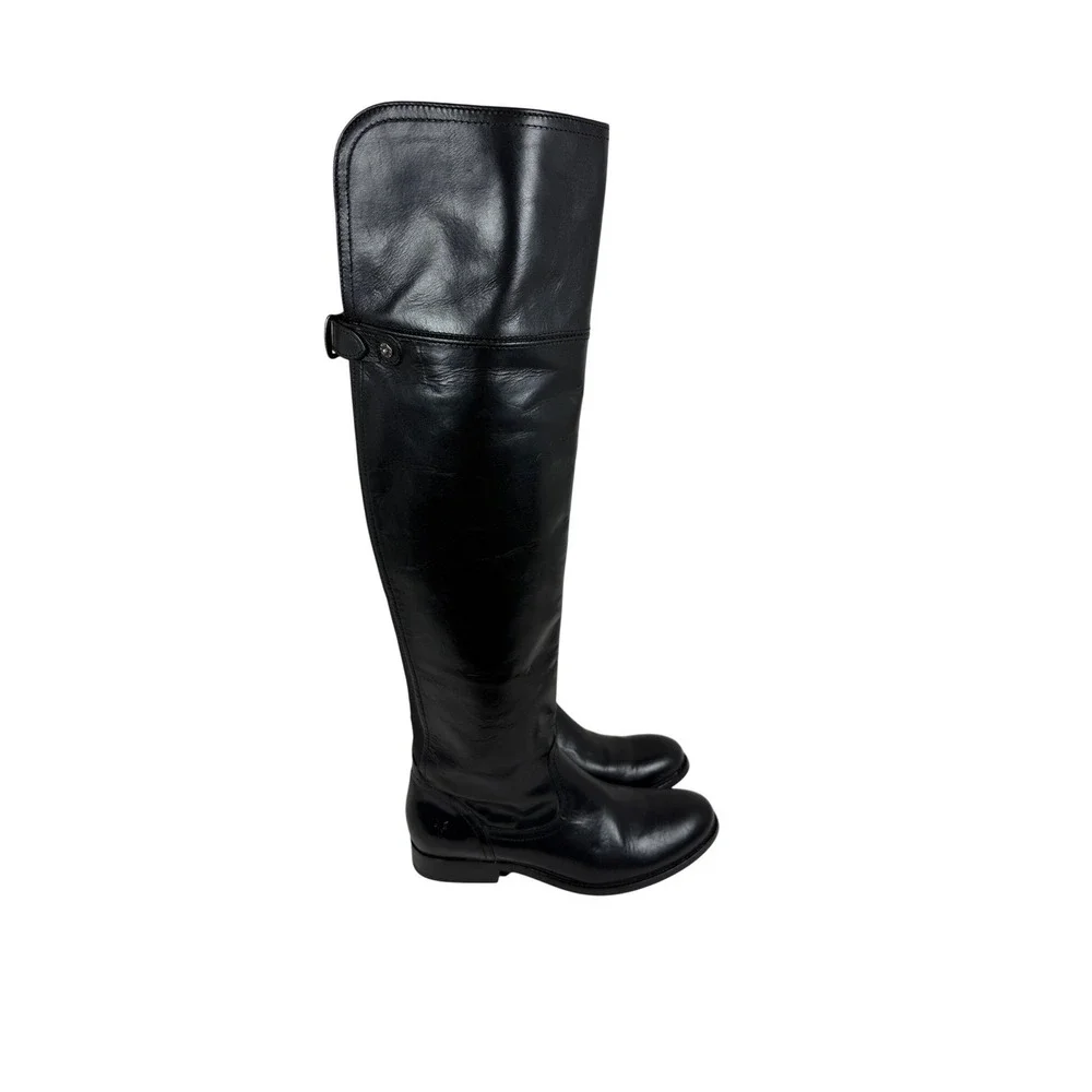 FRYE Melissa Over The Knee Leather Riding Boots, Harness Buckle, Black, Size 6.5